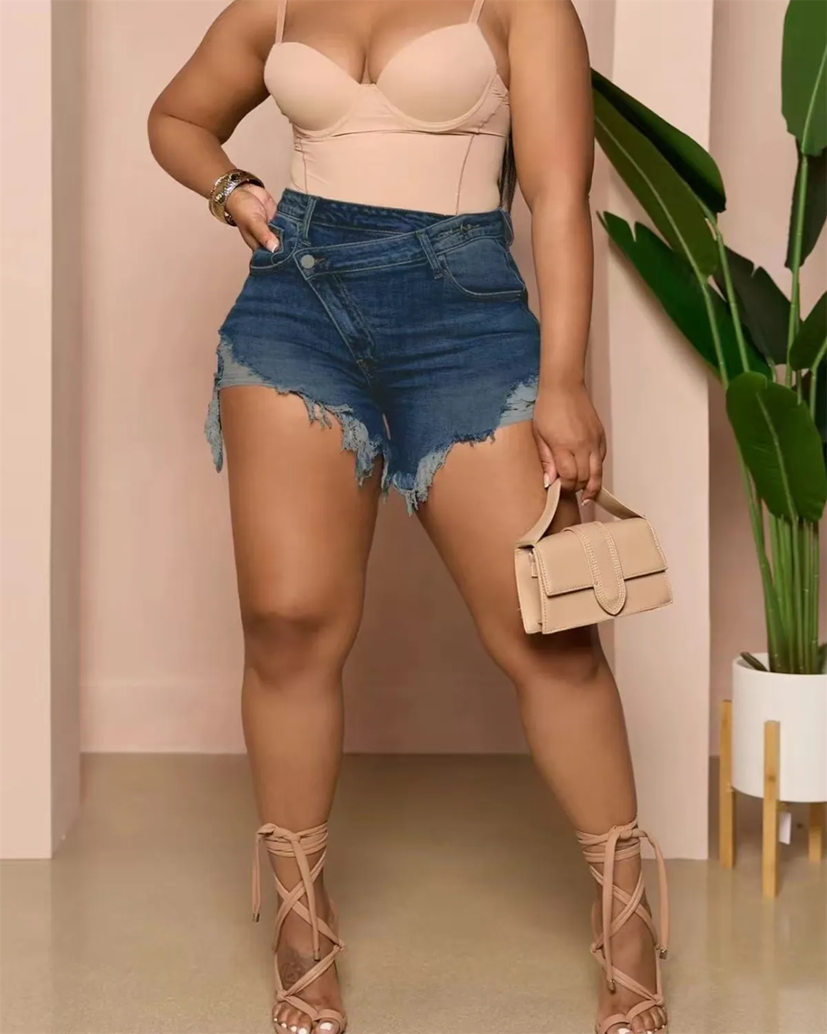 Diagonal Button Design Raw Edge Ripped Cool Style Denim Shorts Hot Pants