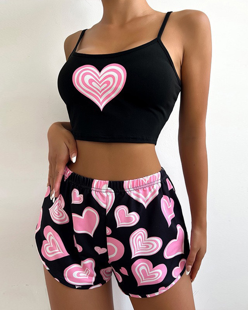 Suspender Print Top Shorts Pajama Set
