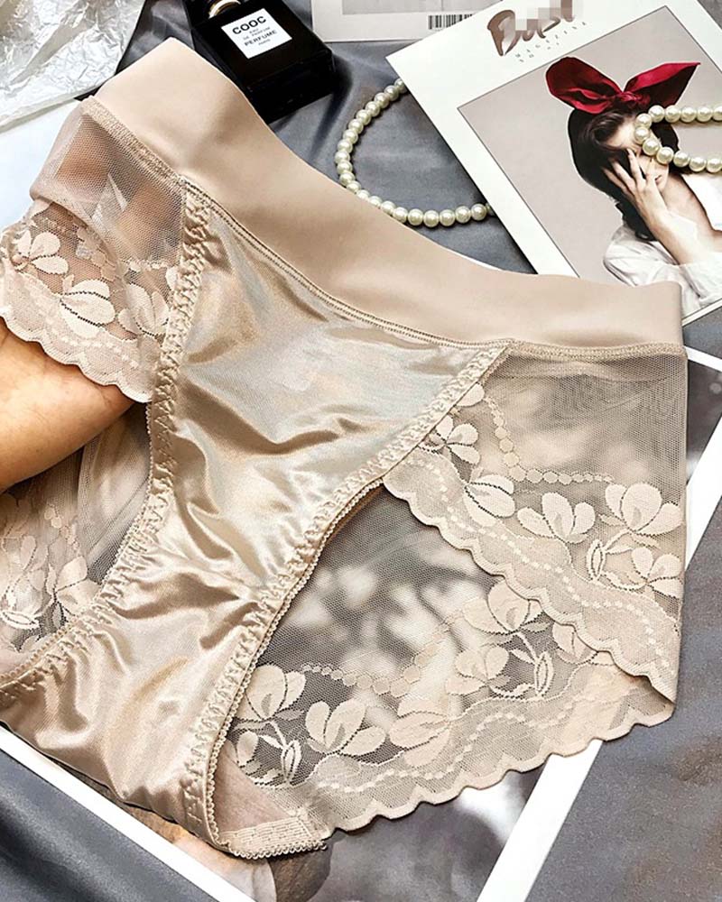 High-End Satin Light Luxury Lace High-Waisted Belly Panties