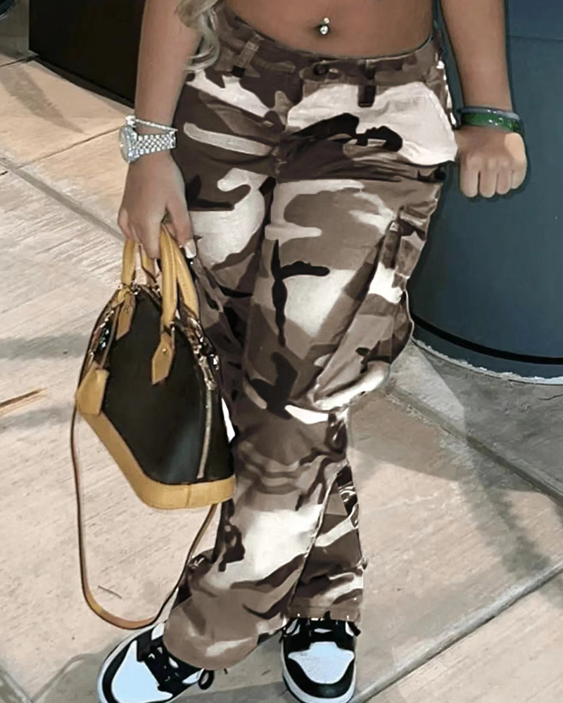 High-Rise Straight-Leg Camouflage Cargo Trousers