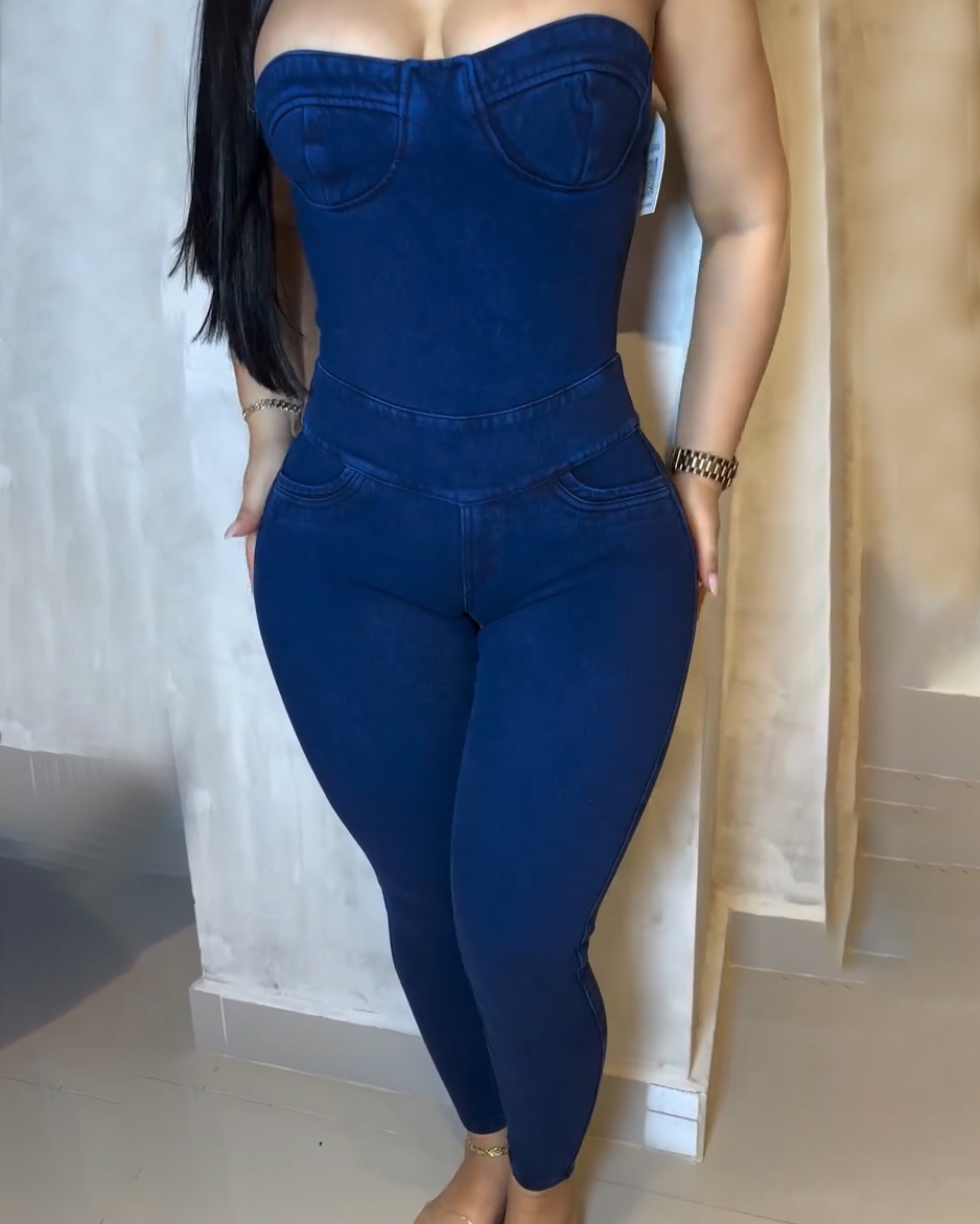 Bandeau Back Tie Slim Denim Jumpsuit
