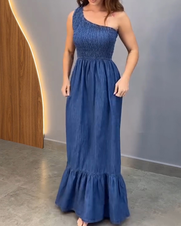 Off-the-Shoulder Slimming Denim Dress