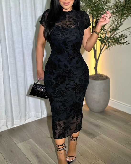 Women's Sheer Mesh Sexy Bodycon Dress with Retro Prints