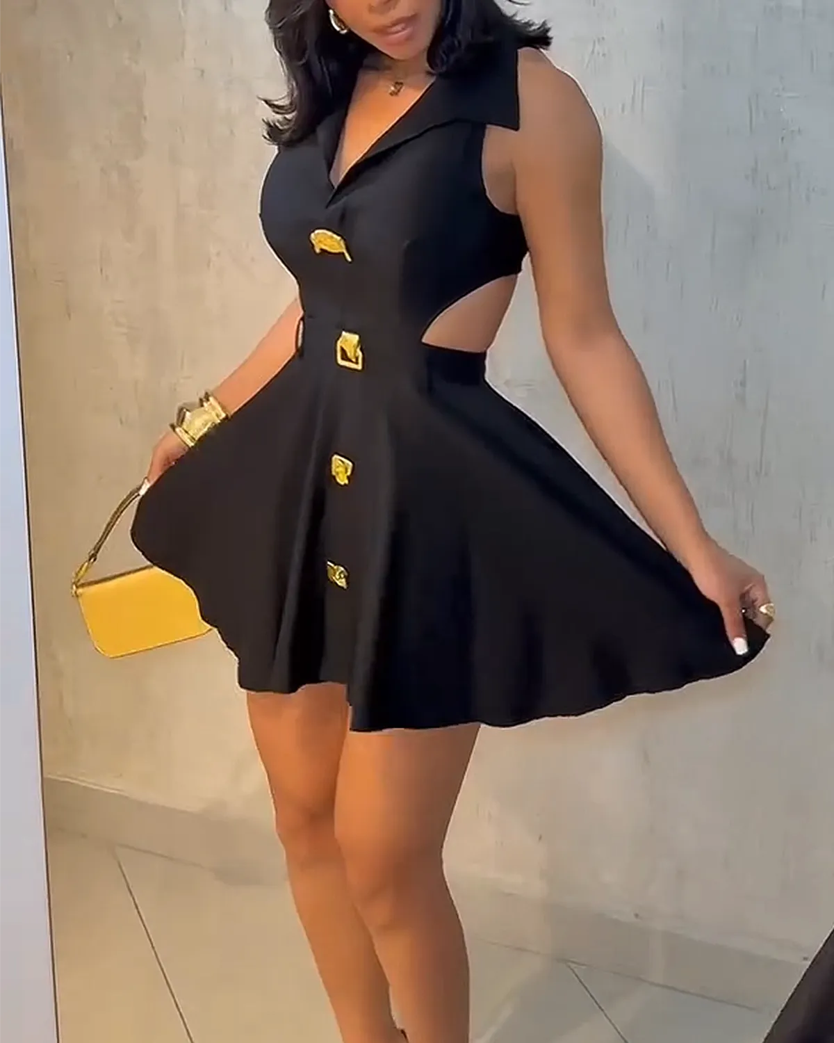 Ladies V-neck Metal Button Sleeveless Dress（Pre-Sale）