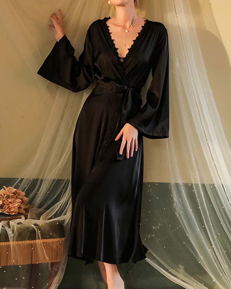 Sexy Nightgown Long Bathrobe Pajamas Women Long Sleeve Backless Women Satin Home Clothes