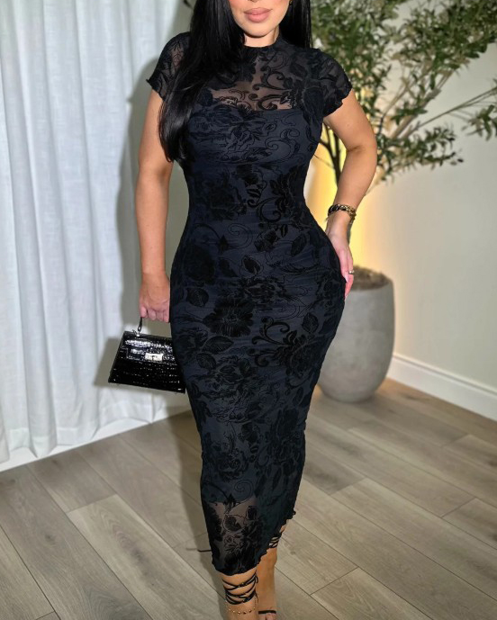 Women's Sheer Mesh Sexy Bodycon Dress with Retro Prints